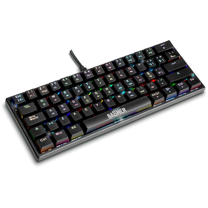 TECLADO ALAMBRICO GAMER BASH-1002 CABLE DESMONTABLE TIPO C/ FULL RAINBOW/ 62 TECLAS NEGRO