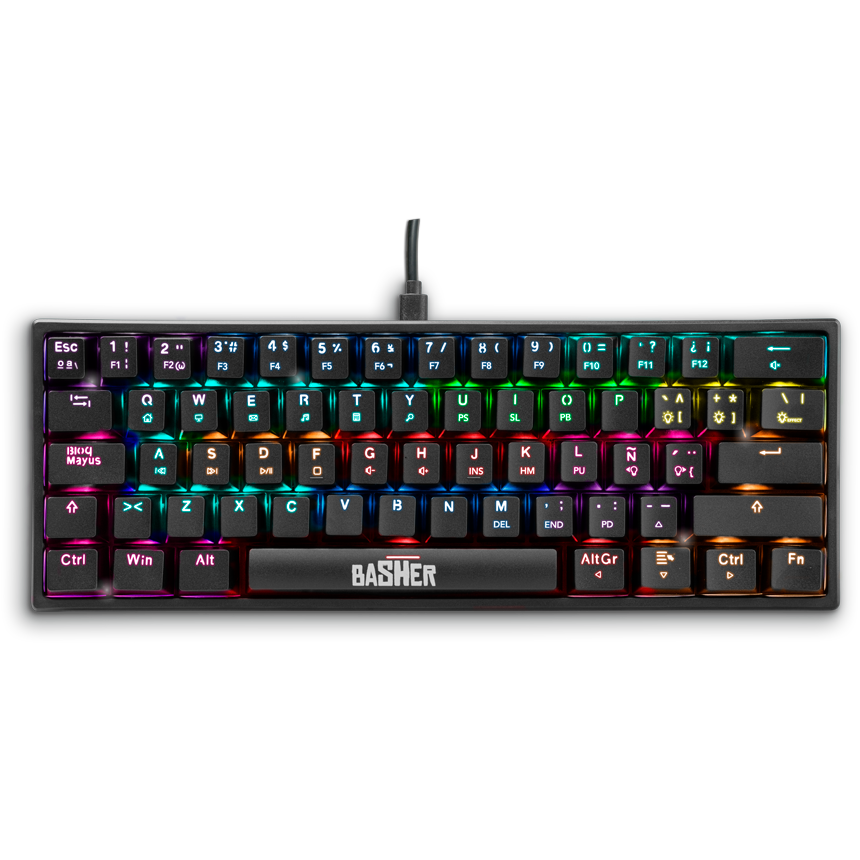 TECLADO ALAMBRICO GAMER BASH-1002 CABLE DESMONTABLE TIPO C/ FULL RAINBOW/ 62 TECLAS NEGRO