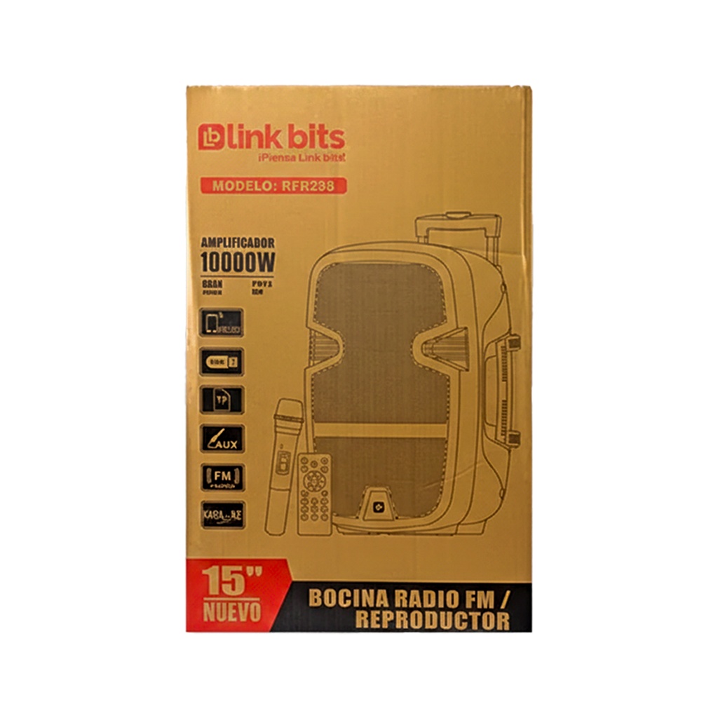Bocina Bluetooth Link Bits 15 Pulgadas BM15015K Radio Fm, Micrófono, Control Remoto, Luz Led