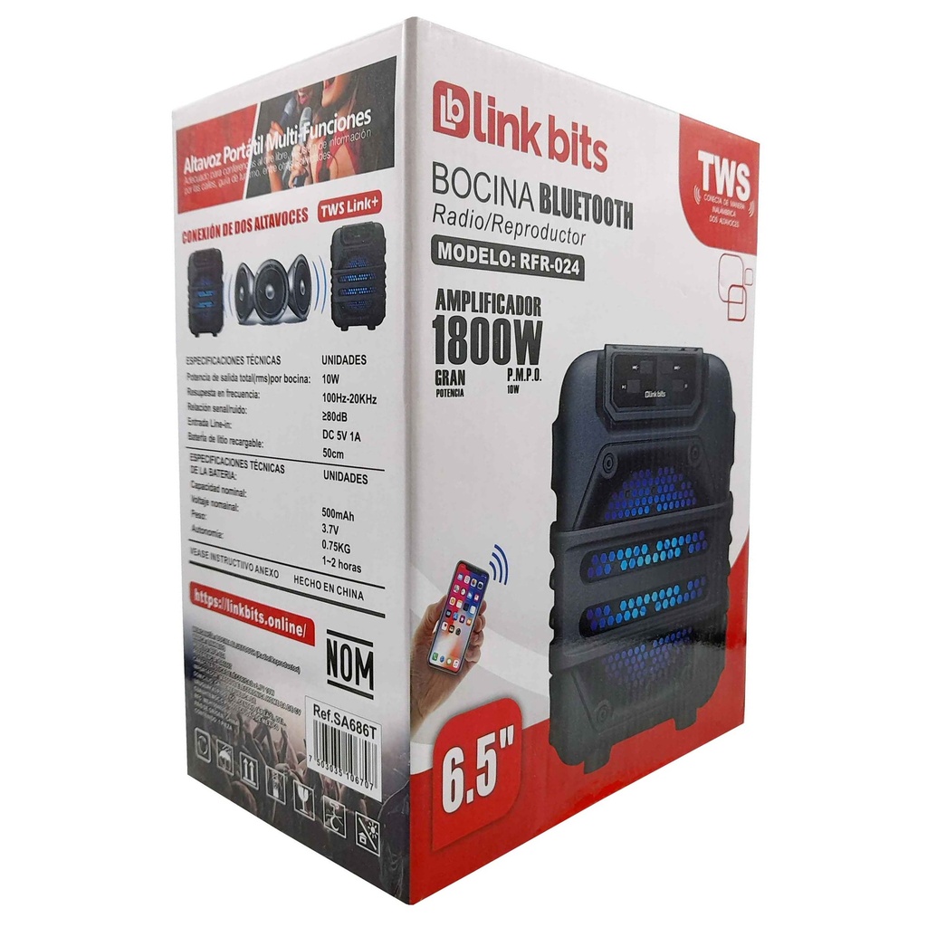 BOCINA 6.5" SA686T BT/ AUX/ USB/ LUZ LED/ LINK BITS