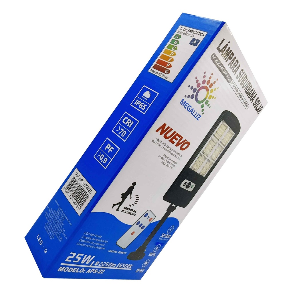 LUMINARIA SUBURBANA SOLAR APS10W25 15W SENSOR DE MOVIMIENTO Y CONTROL MEGALUZ