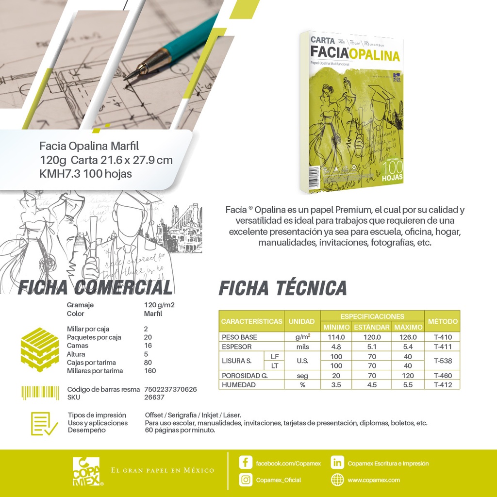 Opalina Papel COPAMEX Carta Marfil Paq. C/100 120g