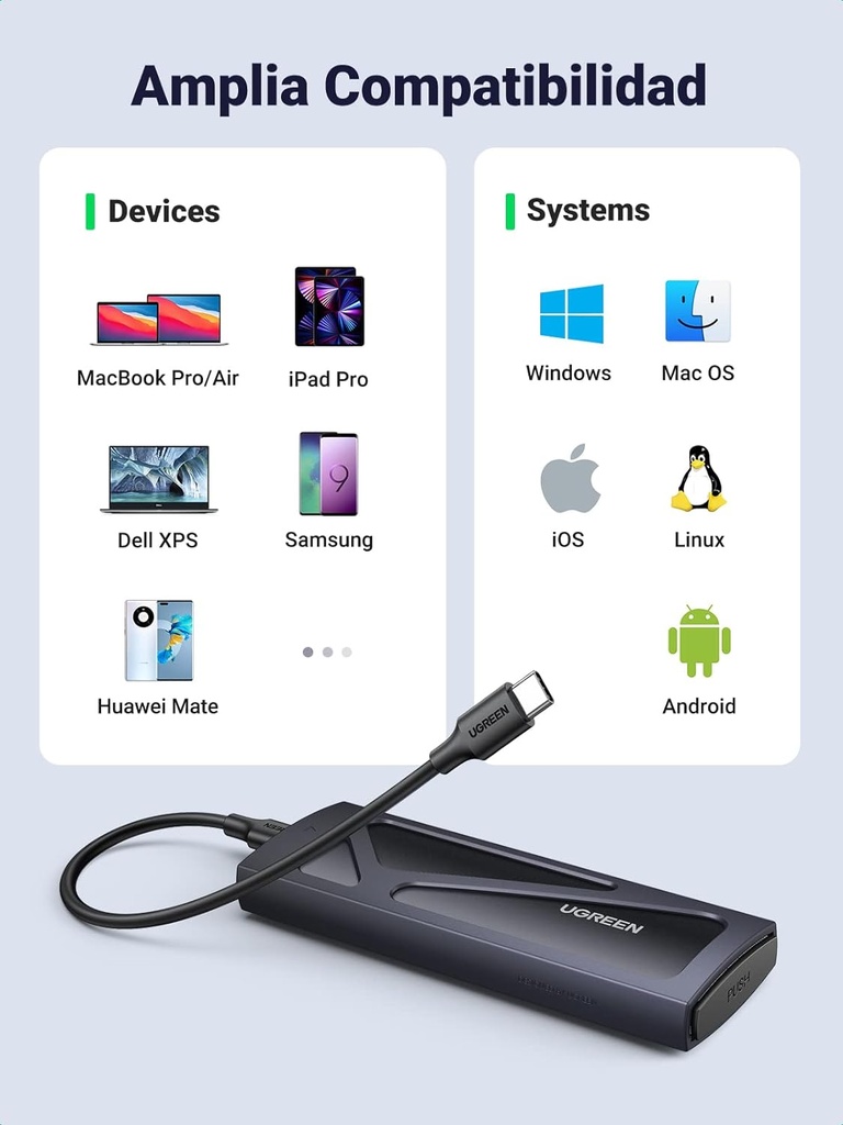 Carcasa Disco Duro Nvme M.2 Ugreen 15512 hasta 2 Tb Usb3.2 a 10 Gbps Caja De Aluminio Negro