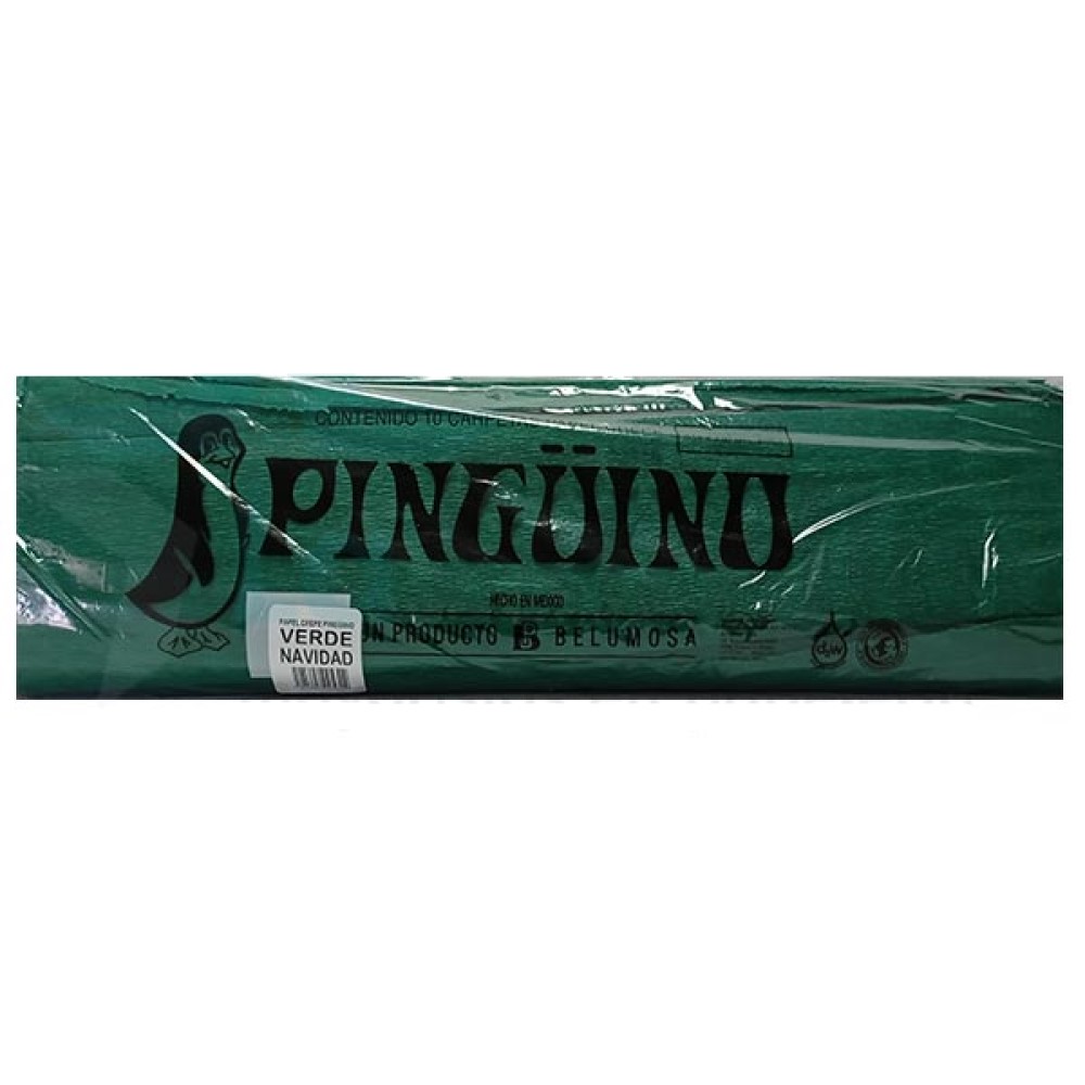 Paquete C/10 Papel Crepe Pinguino Verde Navidad 50x75