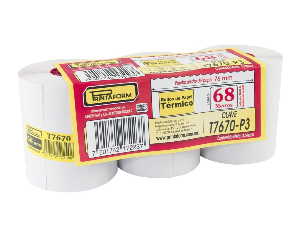 [PAQ3-T7670] Paquete C/3 Rollo Printaform Termico 76X70 T7670