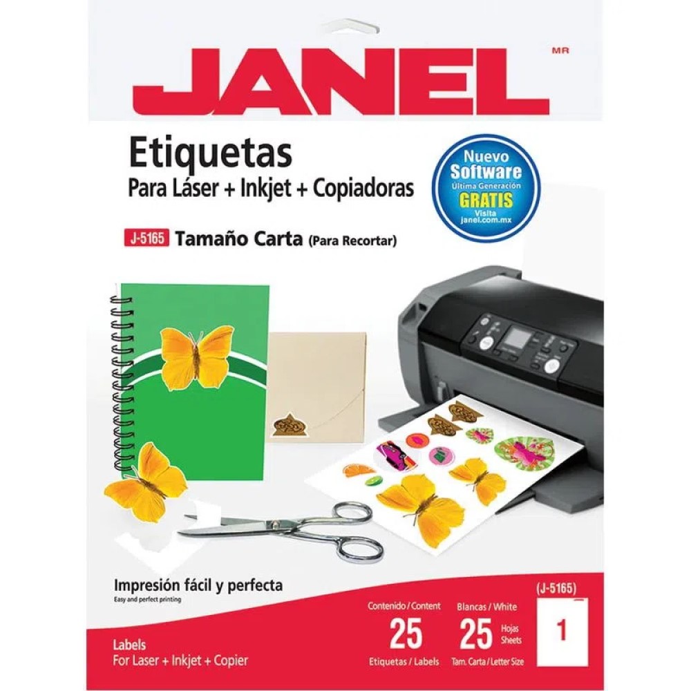[J-5165] Paquete C/25 Etiqueta Para Imprimir Laser Janel Tamaño Carta (C.20)