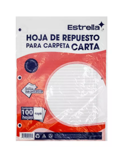 Paquete C/3 Hojas De Repuesto P/Carpeta Estrella Raya 100 Hojas