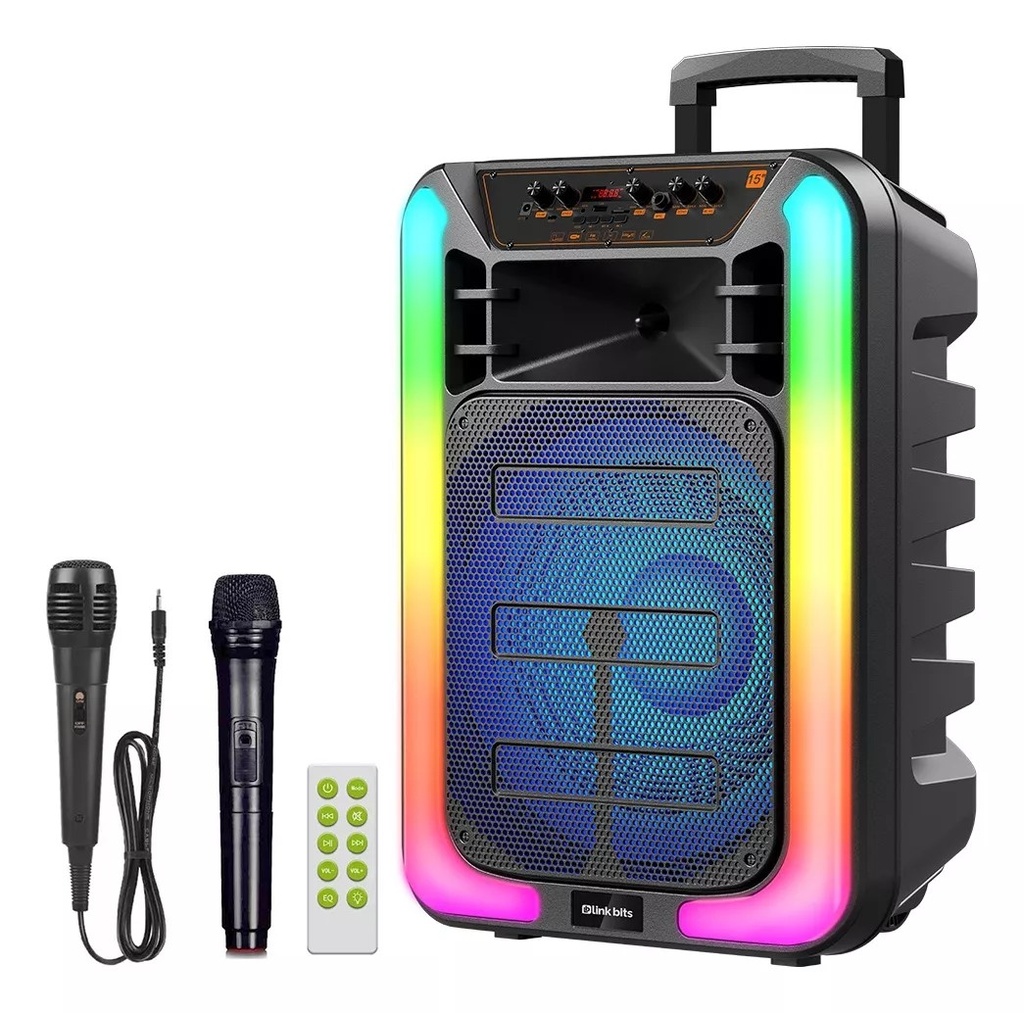 [BM15018K] Bocina Bluetooth 15 Pulgadas Luces Led RGB 2 Micrófonos Inalámbricos 7 Modos de Reproducción Link Bits (C.4)