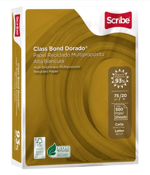 Paquete Hoja Carta C/500 Scribe Class Bond Dorado 75g 93% Blancura