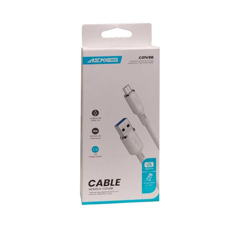 [C01V8B] Cable USB-V8 Aek Cyber C01V8B 2.1A Carga Rápida 1 Metro Blanco (C.200)