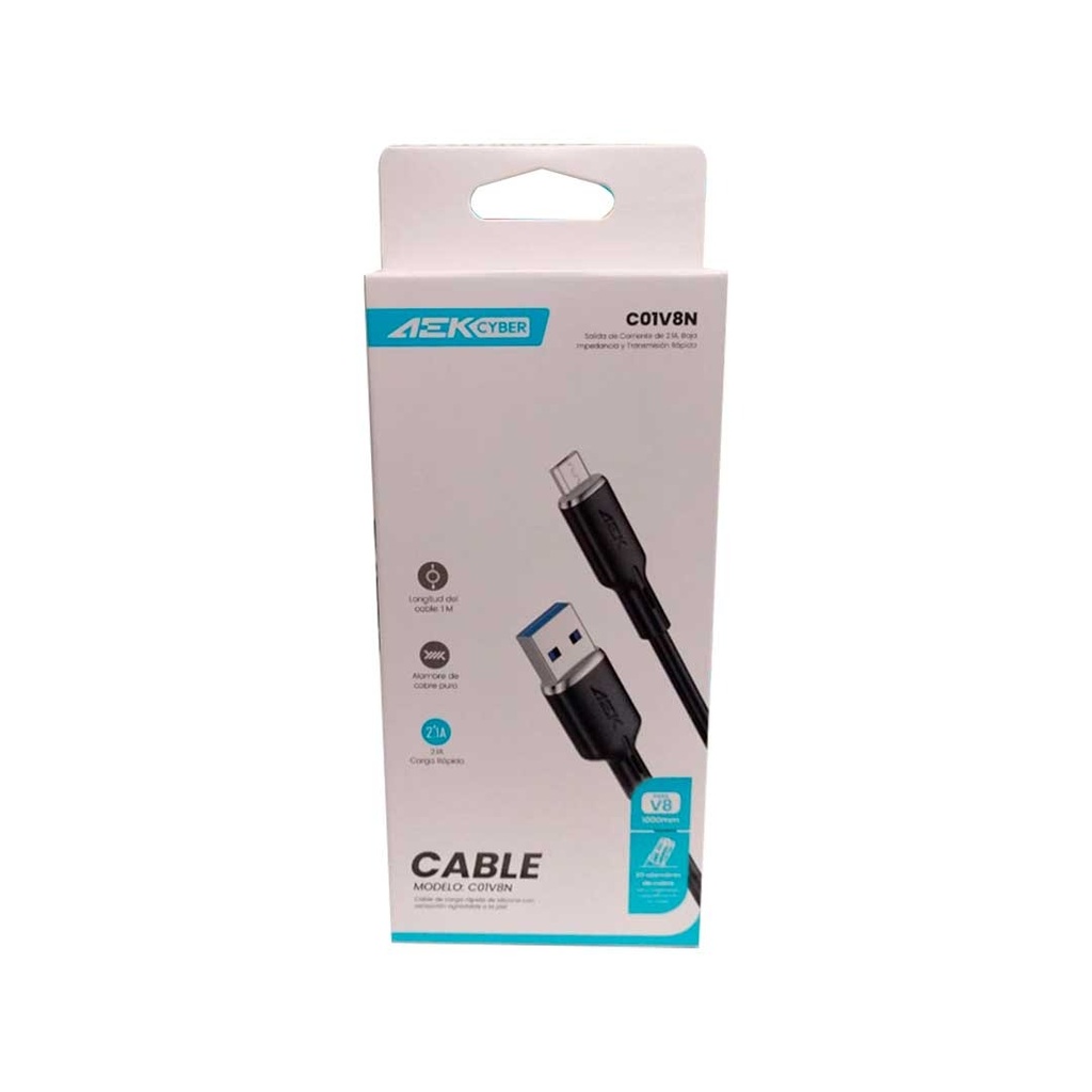Cable USB-V8 Aek Cyber C01V8N 2.1A Carga Rápida 1 Metro Negro