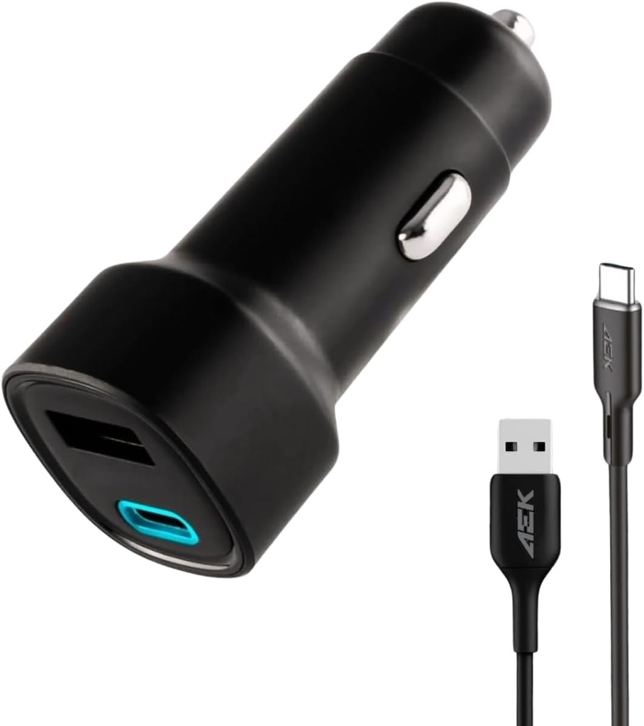 Cargador 15.5W De Automóvil Aek Cyber GA02CN Cable 2.1A-USB 1 Metro Puerto Doble USB-A 12W/ USB-C 15.5W Negro