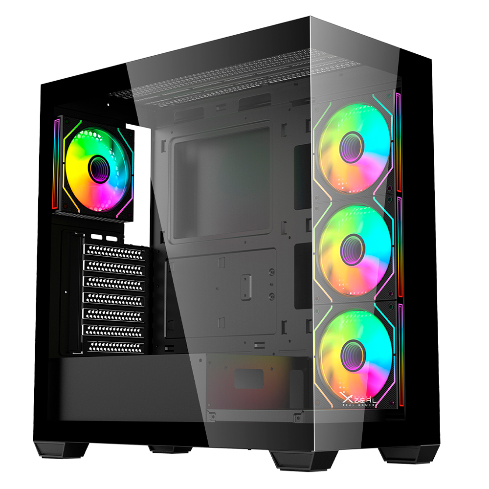 Gabinete Gamer Mid Tower Xzeal  ATX Panel Der. Vidrio + Metal 2xUSB1.0 + 1xUSD3.0 + 3.5 mm + 4 ARGB Fans + 1 HUB Negro