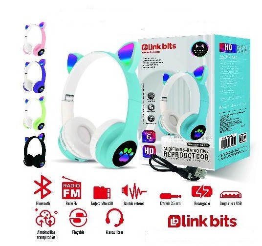 Audífonos Link Bits BG-138 Orejas de Gato Bluetooth/ Cable De Carga/ Luz Led Multicolor (C.100)