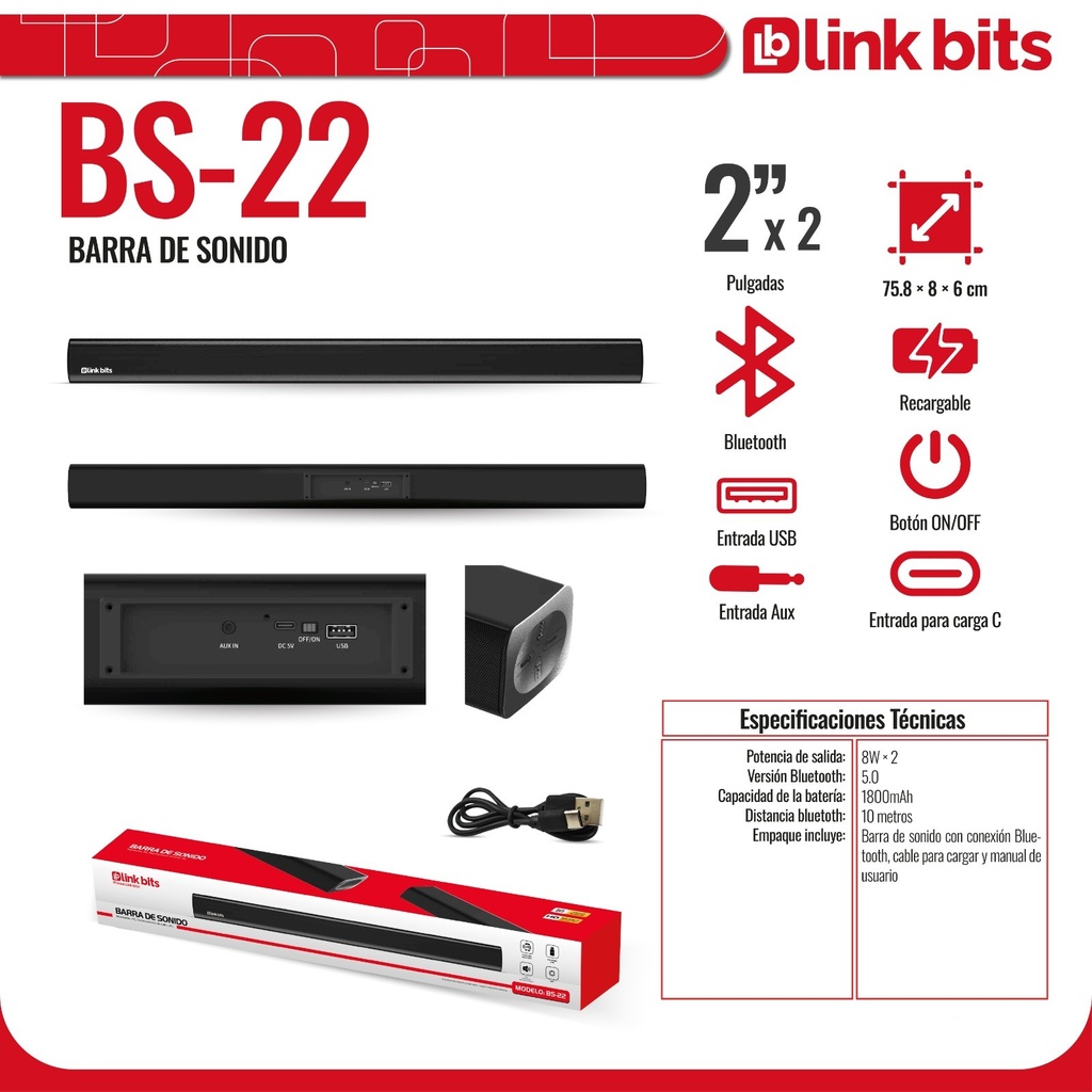 Barra De Sonido Bluetooth Link Bits BS-22 Auxiliar Micro Sd Control Remoto Entrada Usb Botones De Ajuste (C.8)