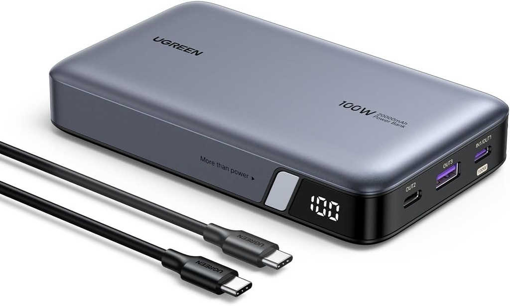 Power Bank 20000mah Ugreen 25188 Usb-A + 2 Usb-C Pantalla Inteligente Incluye Cable Usb de 50cm Gris