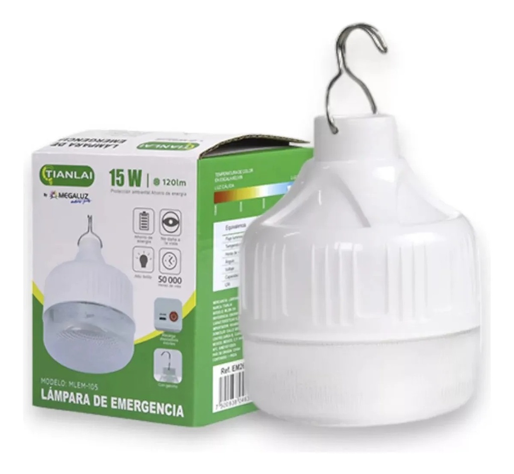 [EM26W15] Lampara De Emergencia Megaluz 15W EM26W15 3 Niveles De Luz Recargable Usb Gancho Para Colgar (C.100)