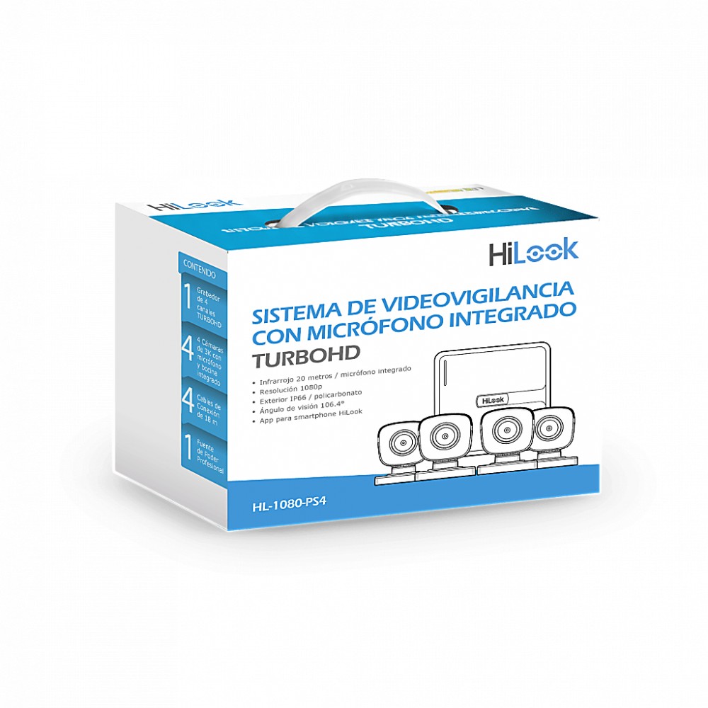 Kit 4 Cámaras Bala TurboHd HiLook 1080P HL-1080-PS4 Dvr 4 Canales, Audio Coaxitron, Micrófono Integrado
