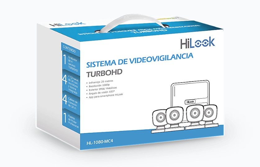 Kit 4 Cámaras Bala HiLook 2 MP HL-1080-MC4 Turbo Hd 1080P, 2.8 mm, Full Hd, Hdmi, Vga, 20 Metros Ir
