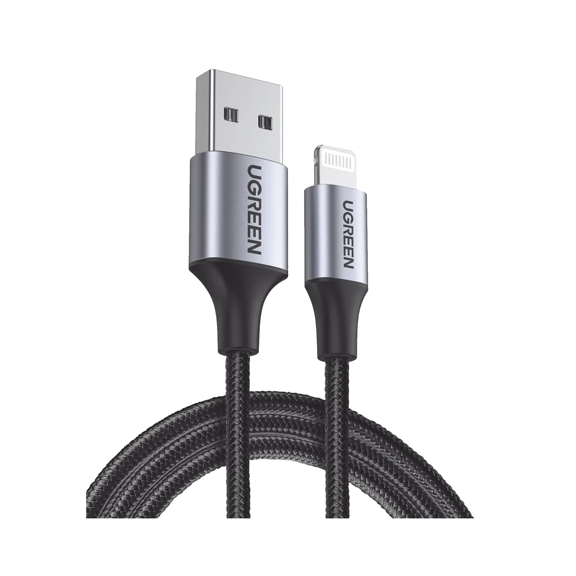 Cable USB-A a Lightning 60156 UGREEN 1 Metro. Carga Rápida 5V/2.4 A  480 Mbps. Nylon Trenzado Color Negro