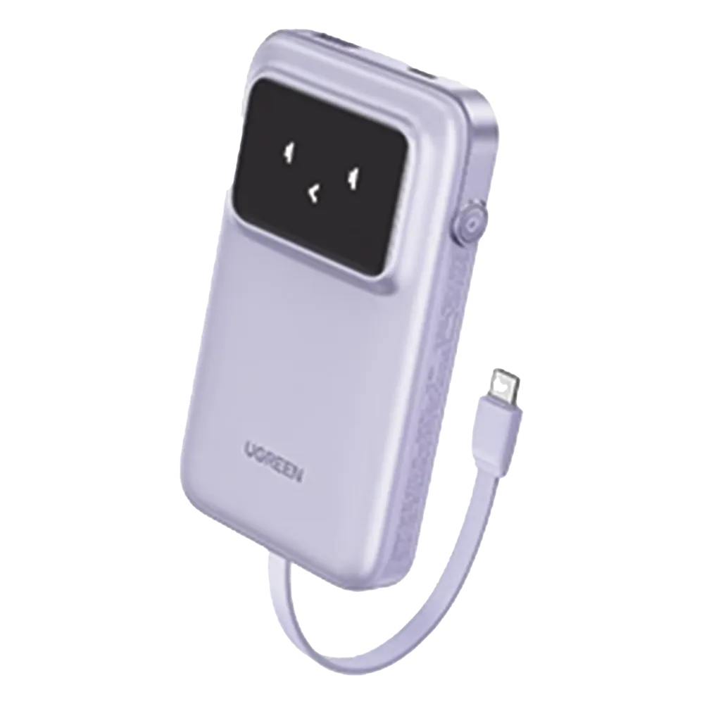 Power Bank Serie Uno, 10000mAh, 30W, con Cable USB-C Incorporado, 2 Salidas 30W Max. Color Purple.