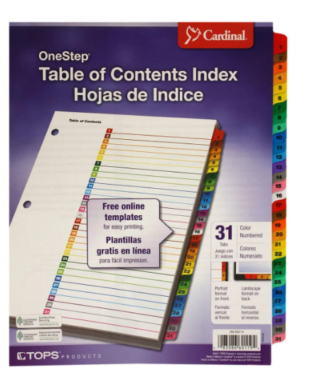 Separador Cardinal Rapidex Impreso 1 AL 31 Divisiones