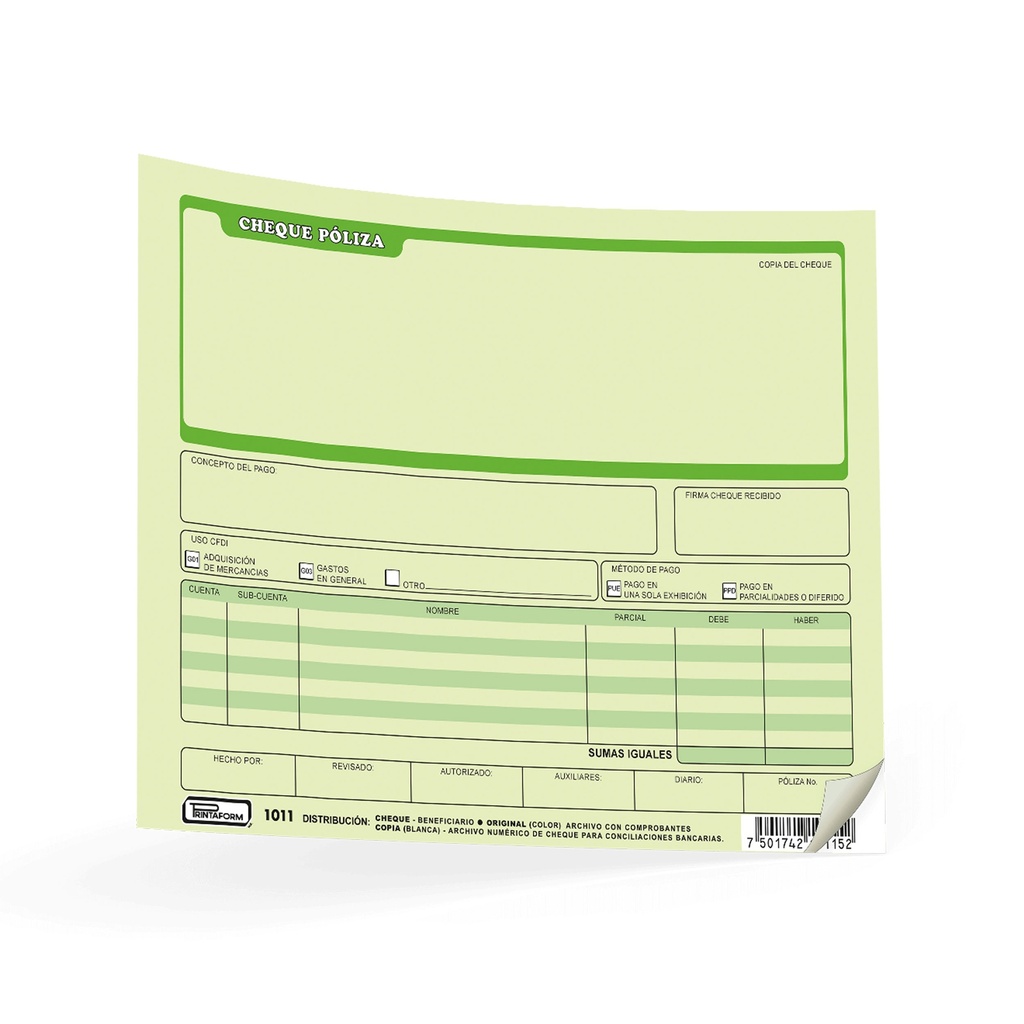BLOCK PRINTAFORM POLIZA CHEQUE B-1011 S/CARBON