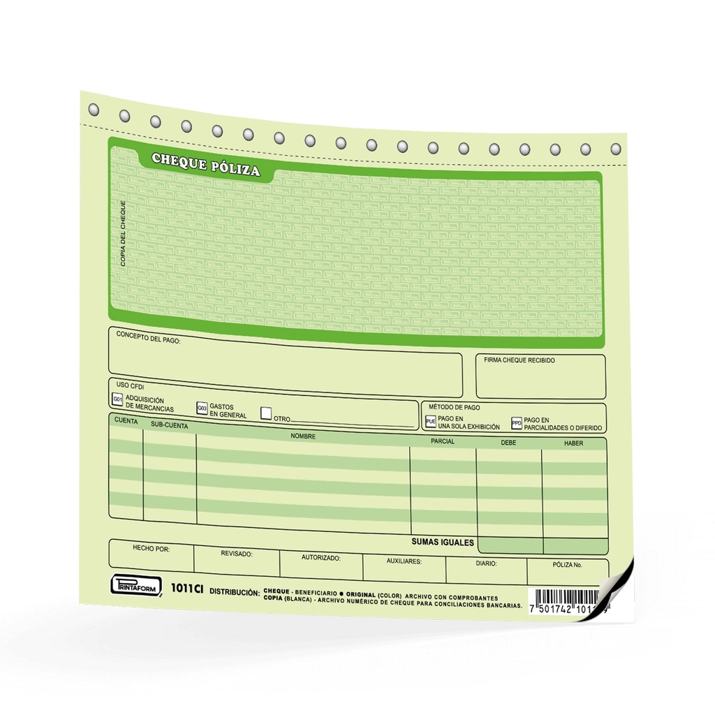 [B-1011CI] Block Printaform Cheque Póliza C/Papel Carbón C/20 Juegos (C.50)