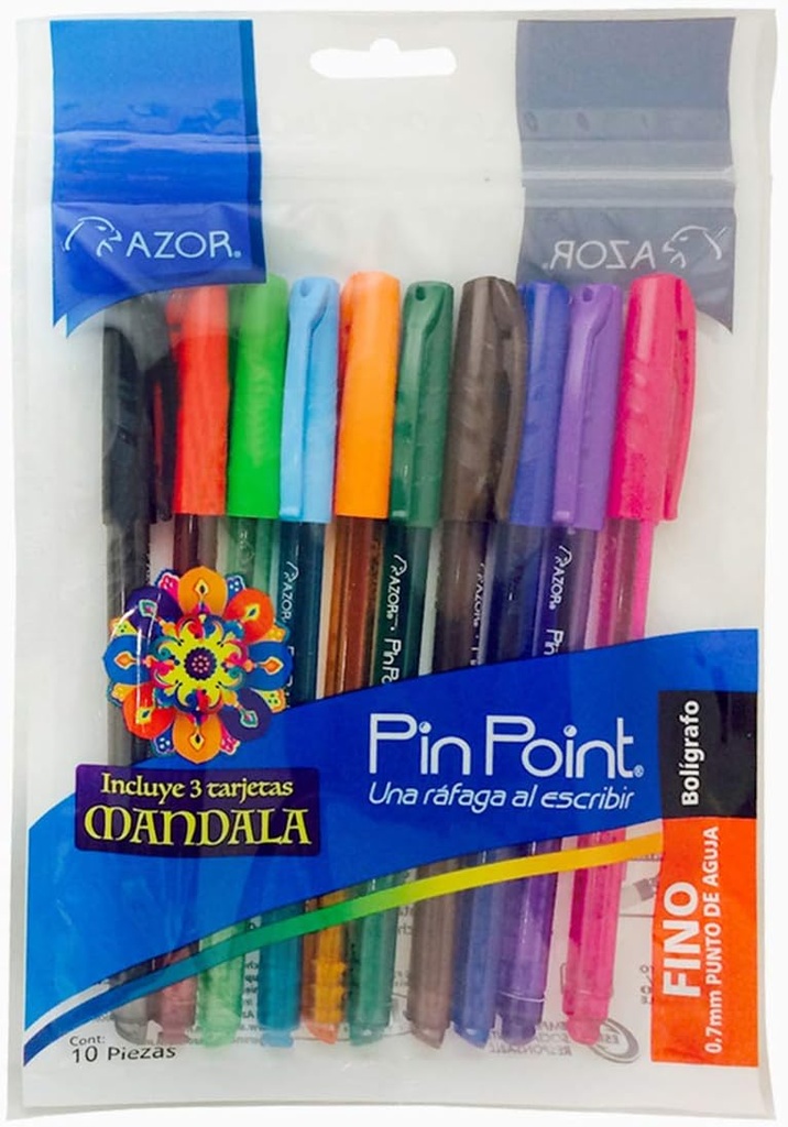 Empaque C/10 Boligrafo Azor Pin Point .7mm Colores Fashion (E.24)