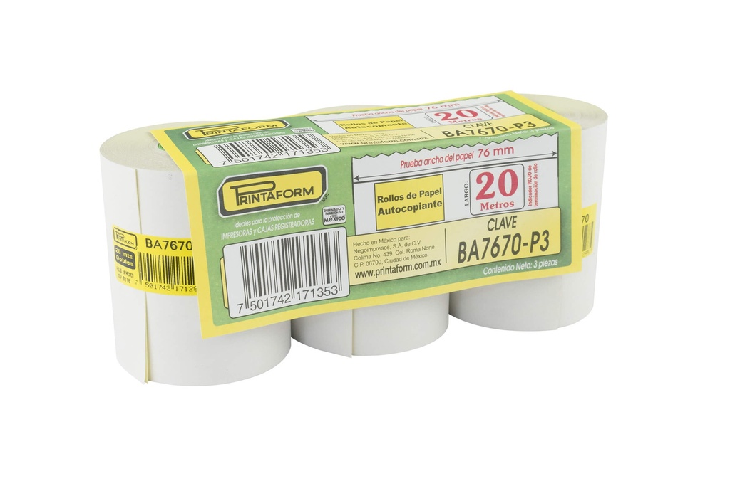 Paquete C/3 Rollo Printaform Autocopiante 76x70 Ba7670-P3