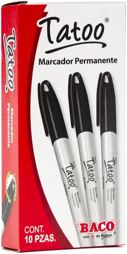 Caja C/10 Marcador Permanente Negro Punto Fino Baco Tatoo