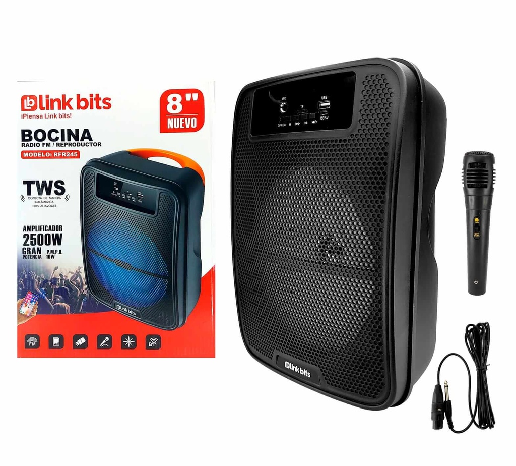 Bocina Bluetooth Link Bits 8 Pulgadas SA8044  Radio Fm, Micrófono, Auxiliar, Usb, Luz Led (C.12)