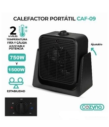 [CAF-09] Ventilador y Calefactor Portátil Cozyna CAF-09 2 Niveles De Temperatura 750W-1500W Frío / Calor Negro (C.10)